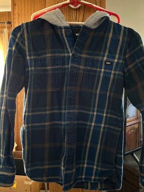 Vans Blue and Brown Plaid Hooded Flannel Shirt